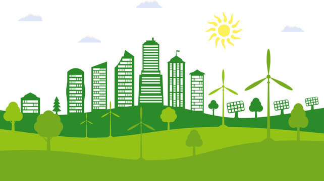 Green city with wind energy and solar panels. Think green. Ecological city and environment conservation. Save the world. Vector illustration.