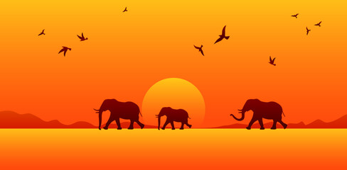 Fototapeta na wymiar Silhouettes of wild African elephants. Safari animals in sunset. Savanna landscape vector illustration
