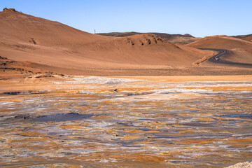 Exposure of Hverir, one of the most active geothermal areas in all of Iceland. Know for its ochre coloured landscapes and the numerous fumaroles and boiling mud pools dotted over its moon-like terrain