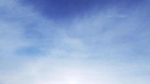 Dreamful sky. Aerial view. Tranquil mind. Bright blue heaven with white dusty clouds flying away time lapse motion.