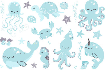 Obraz premium Cute and magical vector set of sea animals. Jellyfish whale narwhal turtle seahorse starfish snails crab squid 