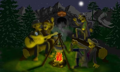A group of gold diggers relax after work by the campfire with a guitar, prepare a delicious soup for dinner and sing songs with a guitar