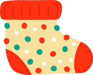 Christmas red sock, boots, boot. With bright, round pompoms. Sewn with threads along the contour. Imitation of sewing. Design for Christmas decorations, gifts, cards, decor. Isolated. New.