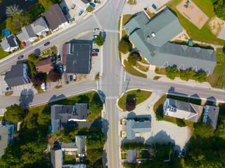 Bennington historic town center aerial view on Main Street in summer, Bennington, New Hampshire NH, USA. 
