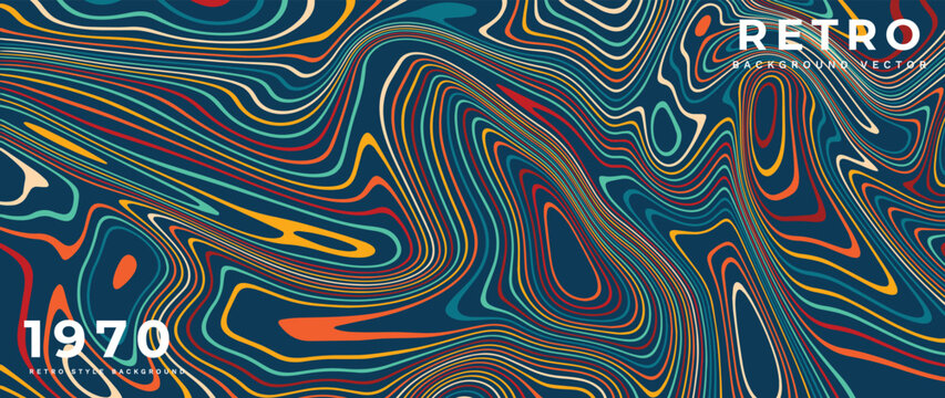 Abstract colorful background vector. 70s retro vintage style creative cover with rainbow swirl lines, spiral, psychedelic, groovy texture, 1970 color. Design for decorative, wall art, poster, banner.