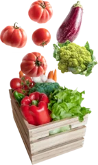 Foto auf Acrylglas Fresh vegetables flying in a wooden box © Miquel