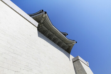 Taiwan Chinese Historic Freedom Palace Temple Gate Entrance in Blue in Taipei, Taiwan. 20 April 2011