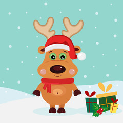 Cute reindeer with gifts on the background of falling snow.
