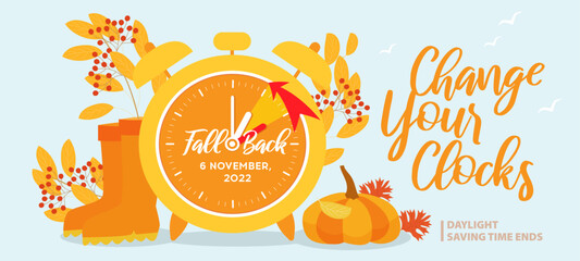 Fall Back, change clock back one hour. Daylight Saving Time Ends at sunday, 6 november 2022. Clock Backward web reminder banner. Alarm Clock with arrow turning back an hour, cozy vector illustration