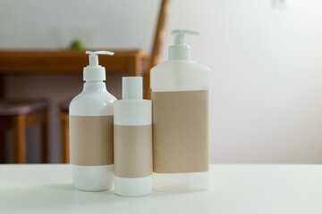 template of cosmetic jars shampoo and dispenser, with a place for design. packaging for cosmetics on a beautiful background.