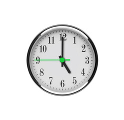 White wall clock isolated on white background. Five o'clock in the afternoon or night.