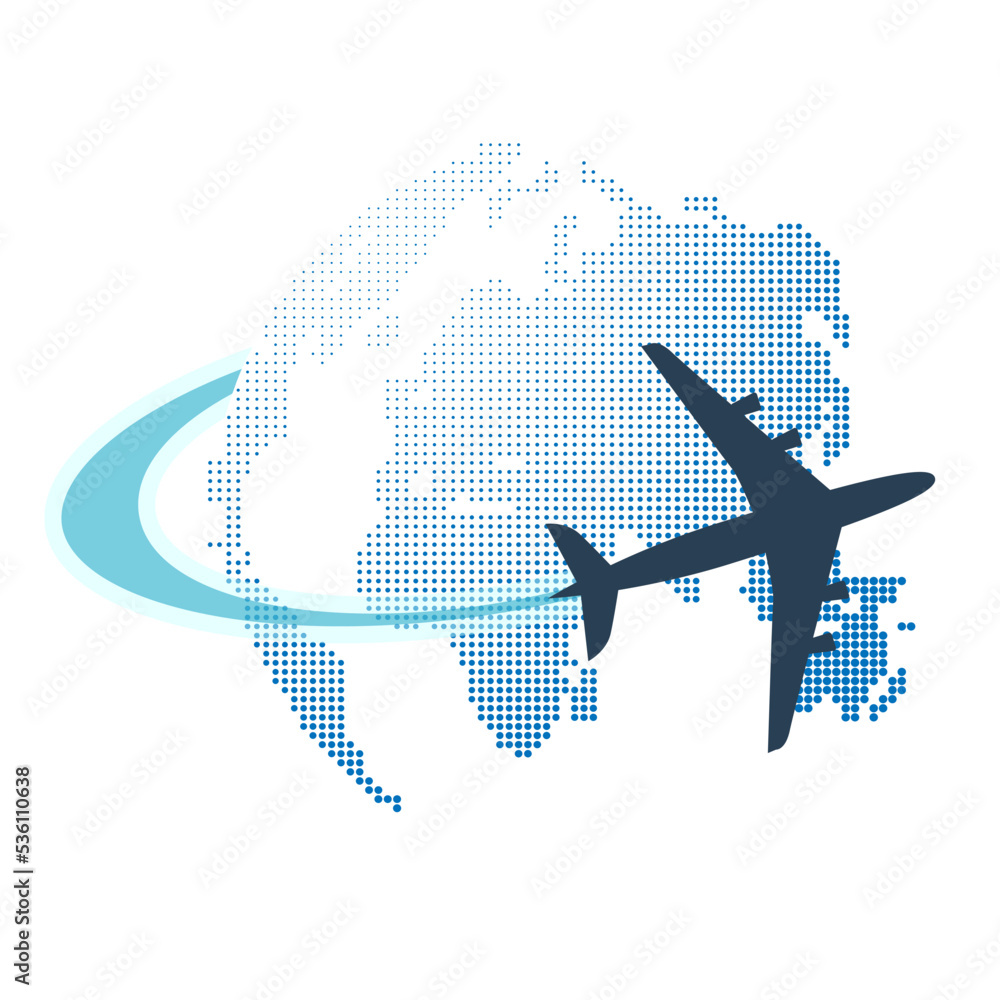 Poster globe design with flying airplane around - concept isolated on white - multi purpose design, backgro