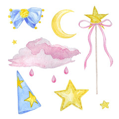 watercolor illustration set of children's magical elements isolated on white background, magic fairy tale attributes, children's show girl or boy, decor, stickers