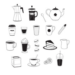 Vector set of line art for a coffee shop with coffee and tea cups, desserts and drinks