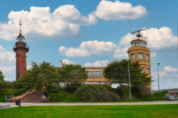 Historic lighthouse and the building of the captain's office. Port of Gdansk, Poland