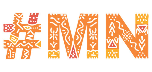 MN Hashtag. Multicolored bright isolate curves doodle letters. Hashtag #MN is abbreviation for the US American state Minnesota for social network, web resources, mobile apps.