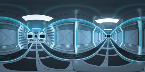 Empty spaceship tunnel with futuristic style, 3d rendering. 360-degree seamless panoramic view