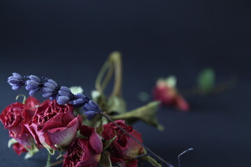 dried lavender and roses on black background with selective focus planning. Romantic arrangement concept with dried flowers