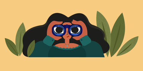 Illustration, a girl looks through the big binoculars through the leaves. 