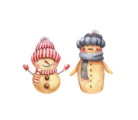 Watercolor set of cute cartoon style snowman. Childish hand-drawn illustration isolated on the white background.