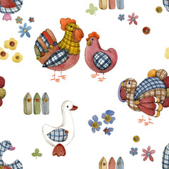cartoon farm birds seamless pattern. domestic bird watercolor. Patchwork style. Childish cute background