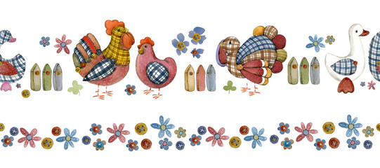 cartoon farm birds seamless pattern. domestic bird watercolor. Patchwork style. Childish cute background