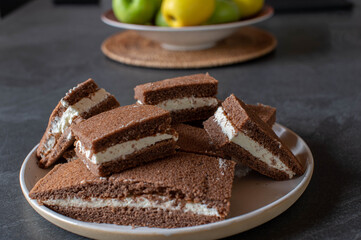 Chocolate sheet cake with cream filling. 
