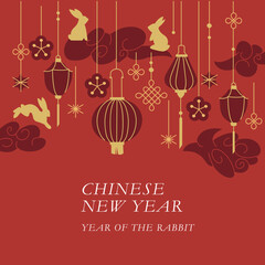 Vector background or card for Chinese new year with illustration rabbits and paper lanterns and decoration.