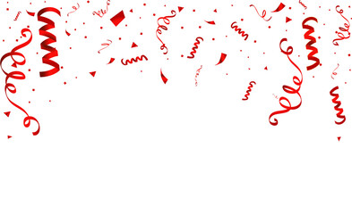 PNG. Red gold confetti ribbons  on transparent background. Celebration background party decoration...