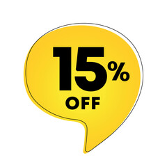 15% off. Sale of special offers. Discount on purchase price. Vector illustration. Ad with yellow tag for retail advertising campaign, mall