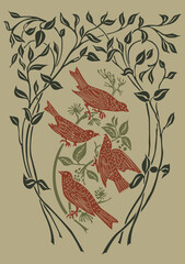 Decorative ornament in a vintage table with birds and trees