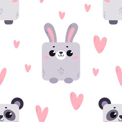 Rabbit and panda with hearts. Pattern with cute cartoon animals. Kawaii children's print with pets. Vector illustration for fabric, paper, wallpaper, packaging
