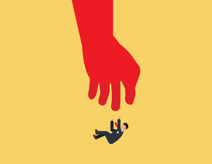 Unstable and uncertainty concept. businessman fell from the hands of a giant.