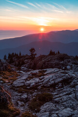 Rocky top of Canadian Mountain Landscape. Sunny Sunset Sky. Top of Mt Seymour near Vancouver, British Columbia, Canada. Nature Background 