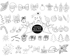 Сhristmas, holiday, New Year decor: Christmas trees, fireworks, decorations, bells, candles, Santa Claus, gifts, angels, Christmas star. For holiday decor. Contour hand drawing in doodle style. Vector