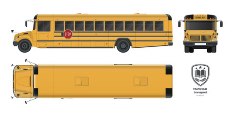 Isolated school bus drawing. 3d blueprint of municipal transport. Top, side, front vehicle view. Academy orange lorry. Industrial clipart