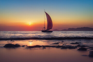 Fototapeta na wymiar Seascape at sunset with blurred water and Lonely one sailboat . 