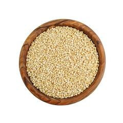 Raw white quinoa  in wooden bowl