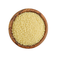 Raw couscous  in wooden bowl  isolated on white background. Top view