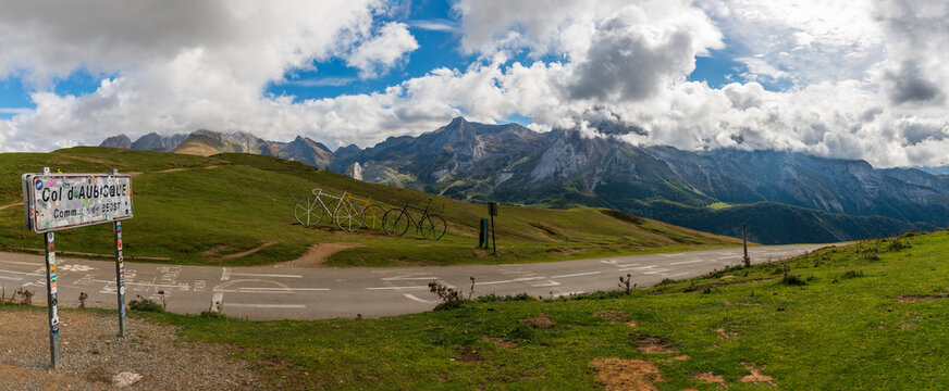 Panorama of the Col d'Aubisque, in the French Pyrenees massif, symbol of the Tour de France, in B&eacute;arn, France