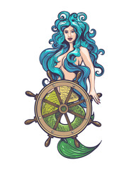 Tattoo of Mermaid with Steering Wheel in Vintage Style