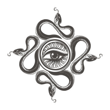 All Seeing Eye of Wisdom and Cross of Snakes Esoteric Medieval Tattoo