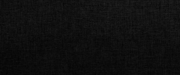 Plakat Black cotton or linen fabric texture. Dark textile wide panoramic background.