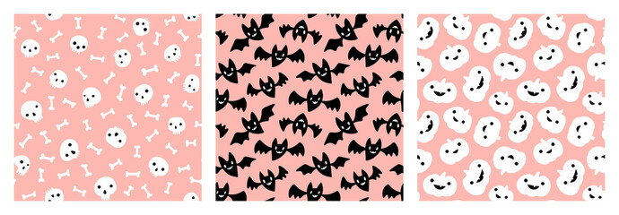 Pastel Halloween pattern set with black and white cute pumpkins, bats, skulls and bones on pink background.
