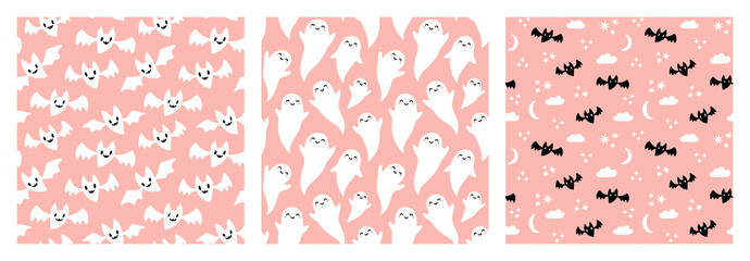 Cute black and white bats and ghosts Halloween seamless pattern set on pastel pink background. - obrazy, fototapety, plakaty