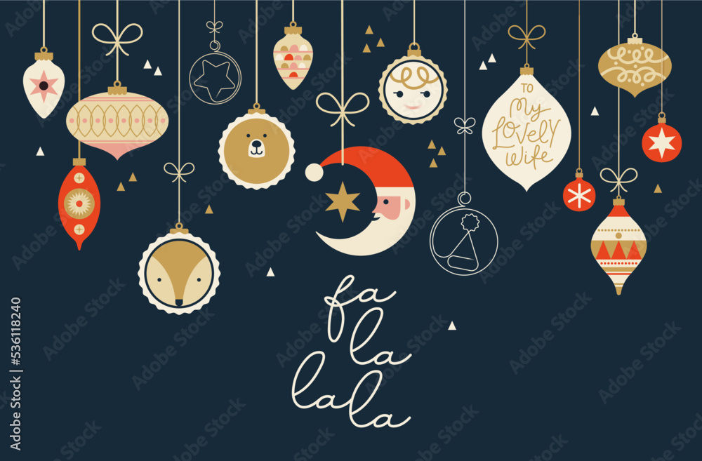 Wall mural hand drawn christmas ball illustration with santa claus and friends. doodles and sketches vector des - Wall murals