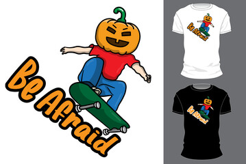 boy with pumpkin head on skateboard halloween white and black t-shirt design illustration