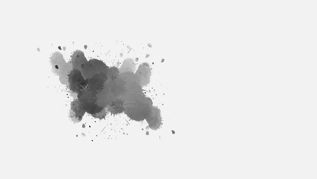 Ink splatters transition animation. Ink brush stroke transition. ink slow motion transition reveal. Abstract inkblot, splat, fluid art, overlay, alpha matte composition. ink spills onto white paper.