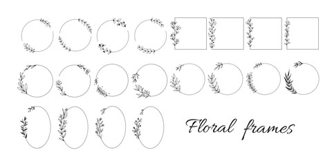 Big set of geometric vector floral frames. Borders decorated with hand drawn delicate flowers, branches, leaves, blossom. Vector illustration