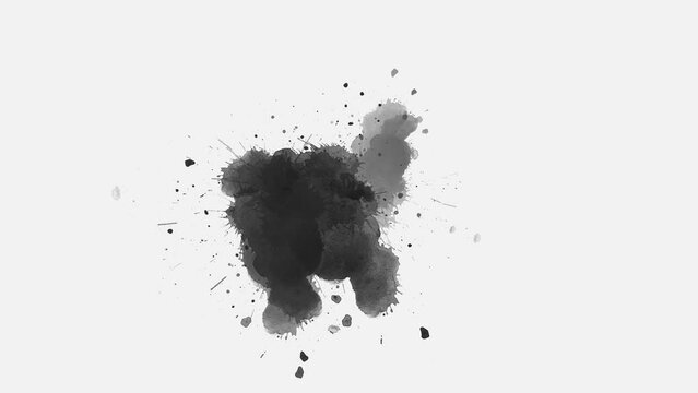 Ink splatters transition animation. Ink brush stroke transition. Abstract inkblot, splat, fluid art, overlay, alpha matte composition. ink spills onto white paper. ink slow motion transition reveal.